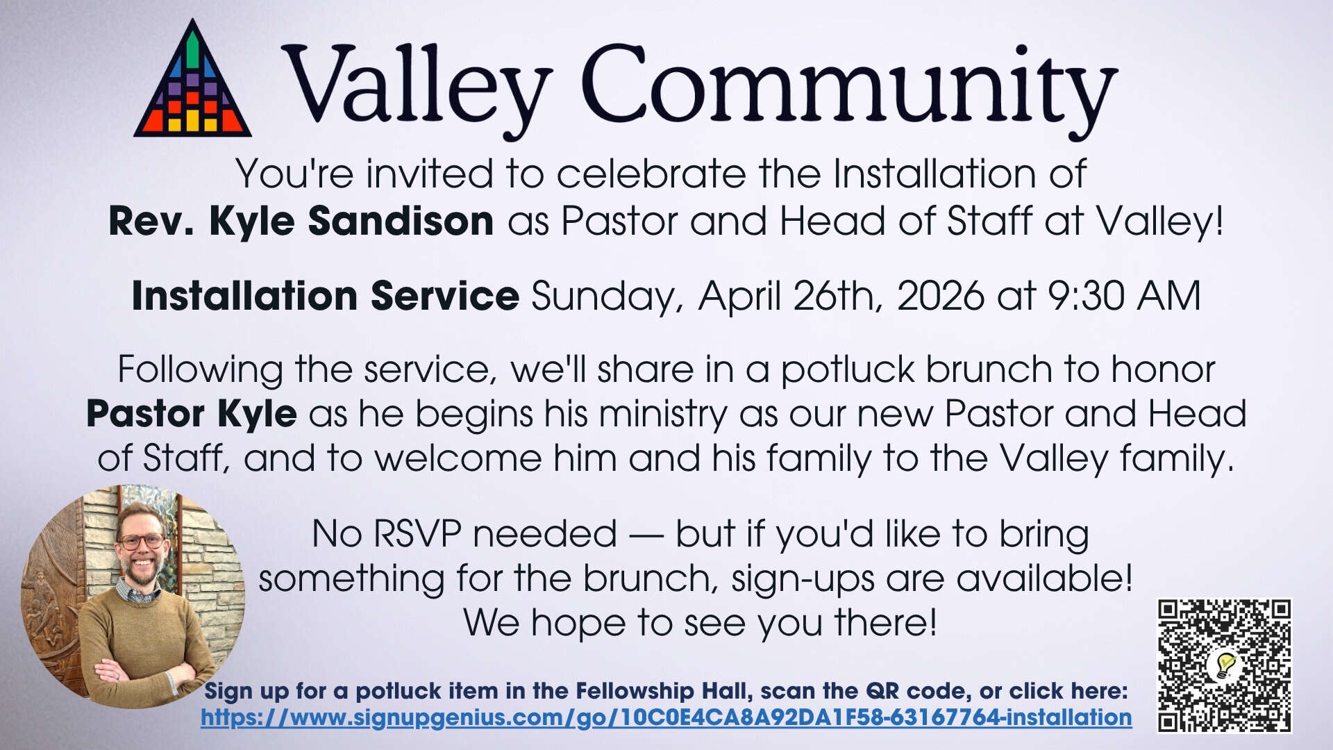 Rev. Kyle Sandison Installation Service & Potluck Brunch