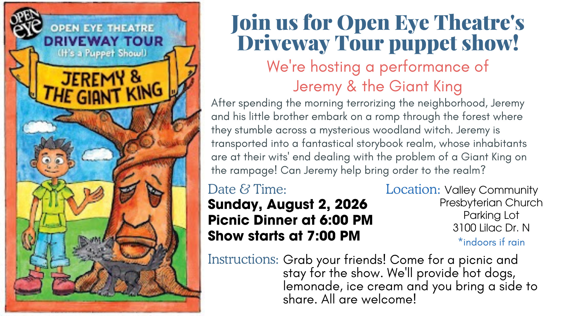Join us for Open Eye Theatre’s Driveway Tour puppet show!