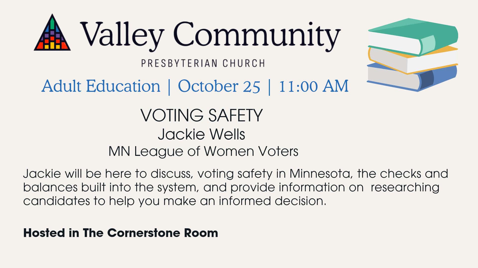 Adult Education – Sunday, Oct. 25, 2026 – Voting Safety with MN League of Women Voters