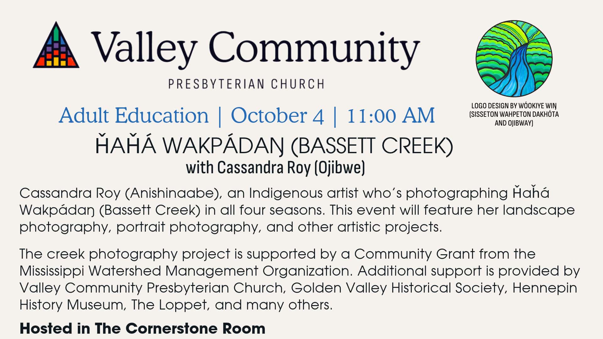 Adult Education – Sunday, Oct. 4, 2026 -Ȟaȟá Wakpádaŋ (Bassett Creek) with Cassandra Roy (Ojibwe)